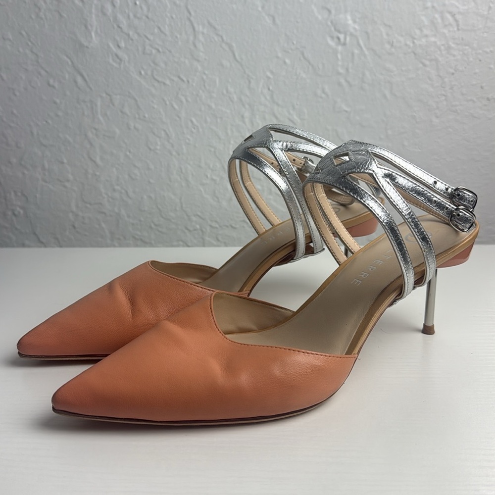 Alterre Peachy Nude Leather Stiletto Mule with Silver Straps Size 9